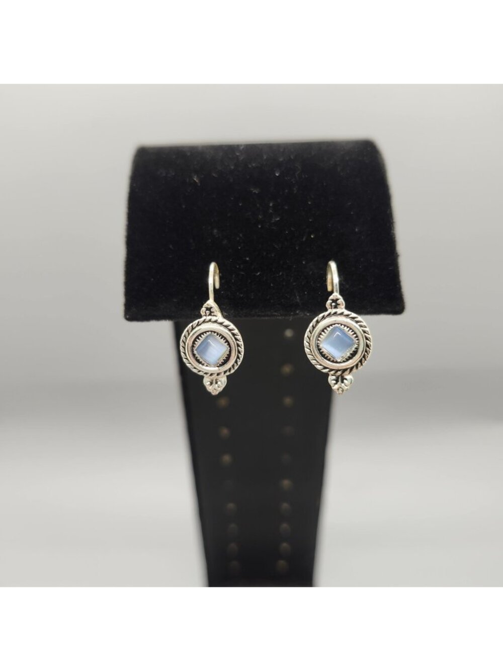 Artisan Blue Chalcedony Cabochon Dangle Earrings 1" Sterling Silver Tone
